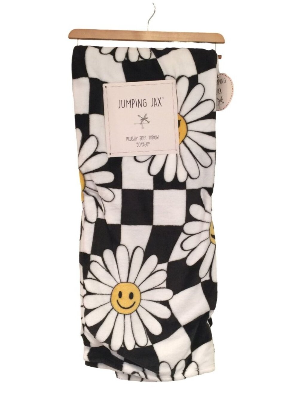 Jumping Jax Smiley Face Daisy Black White Checkerboard Plush Throw 50" x 60"